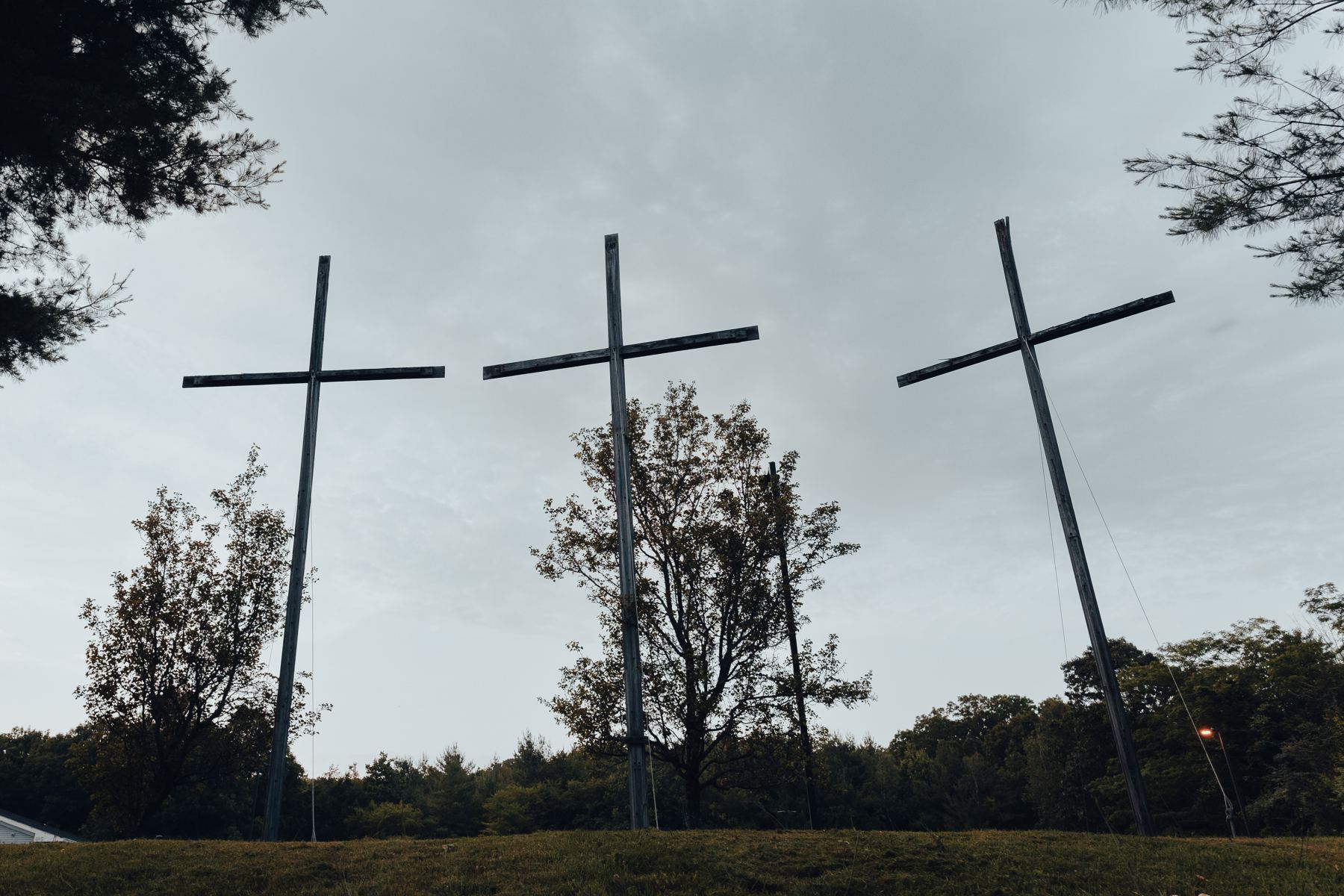 The three crosses in the front yard of Living Waters Church in Smithfield
